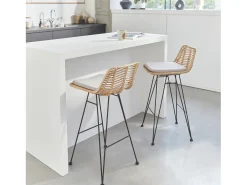 Taburete de bar de metal y ratán, set de 2 beige