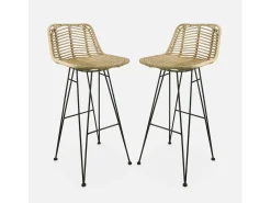 Taburete de bar de metal y ratán, set de 2 beige