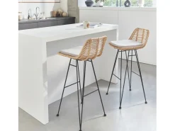 Taburete de bar de metal y ratán, set de 2 beige