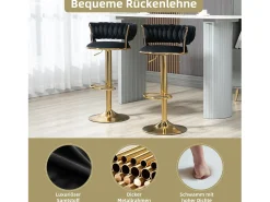 Taburete de bar giratorio de 360° con respaldo, altura ajustable, terciopelo, negro (54 x 46 x 78,5-97 cm)