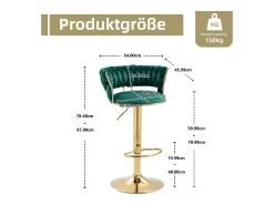 Taburete de bar giratorio de 360°, diseño moderno, terciopelo, estructura dorada, juego de 2, altura ajustable (54 x 48 x 78-97 cm)