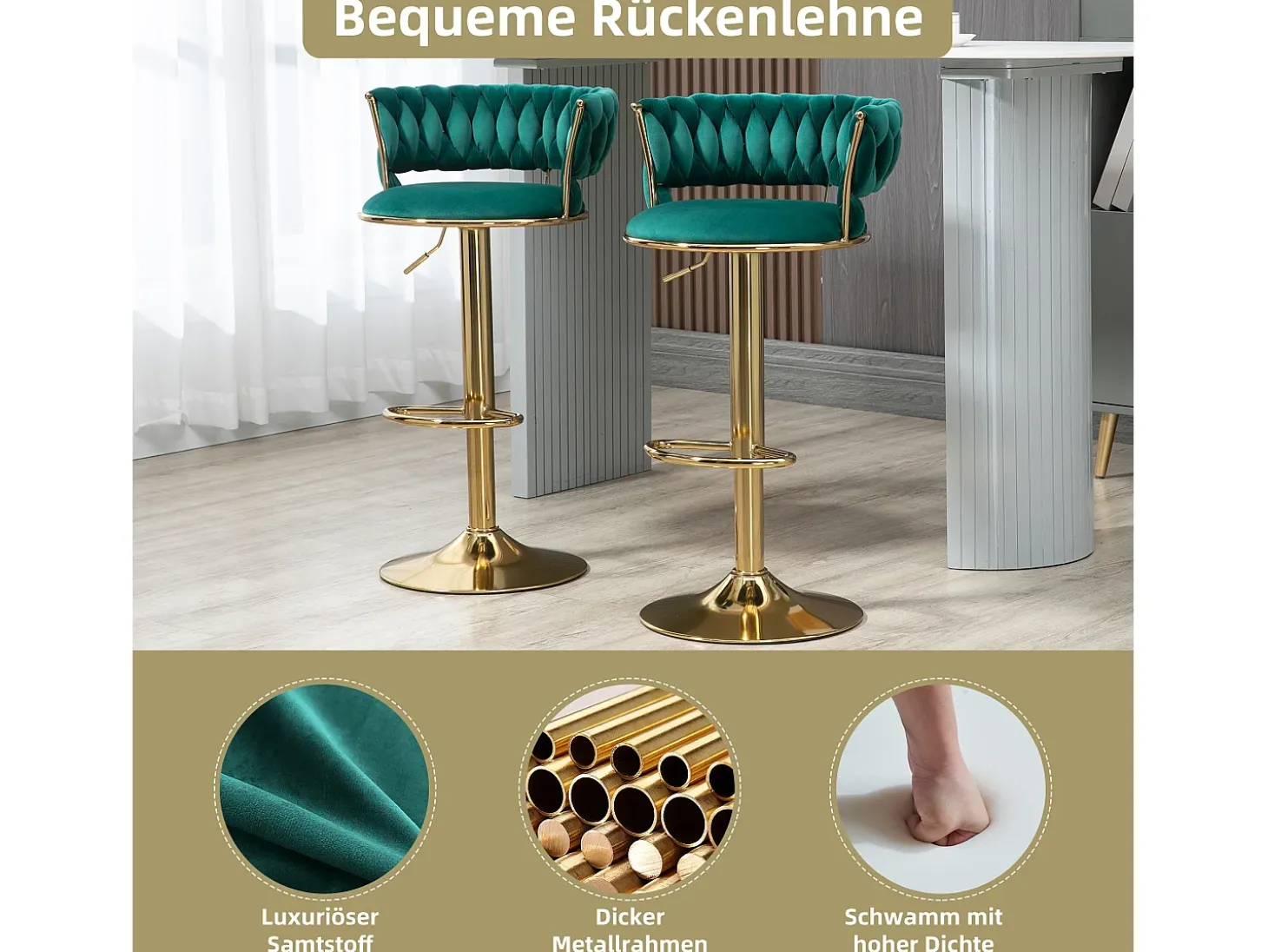 Taburete de bar giratorio de 360°, diseño moderno, terciopelo, estructura dorada, juego de 2, altura ajustable (54 x 48 x 78-97 cm)