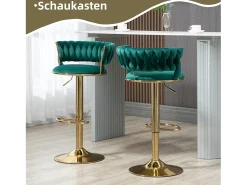 Taburete de bar giratorio de 360°, diseño moderno, terciopelo, estructura dorada, juego de 2, altura ajustable (54 x 48 x 78-97 cm)