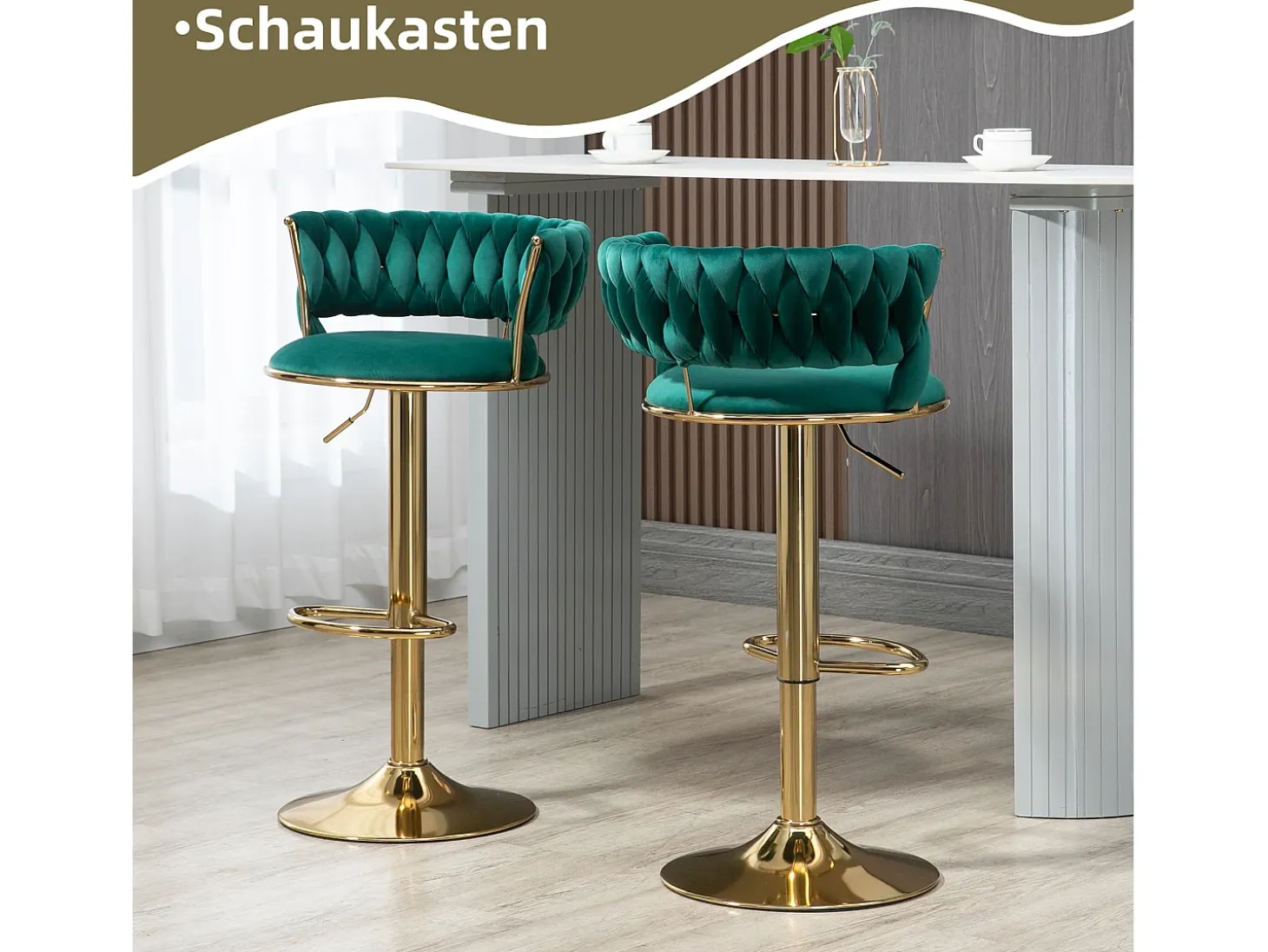 Taburete de bar giratorio de 360°, diseño moderno, terciopelo, estructura dorada, juego de 2, altura ajustable (54 x 48 x 78-97 cm)
