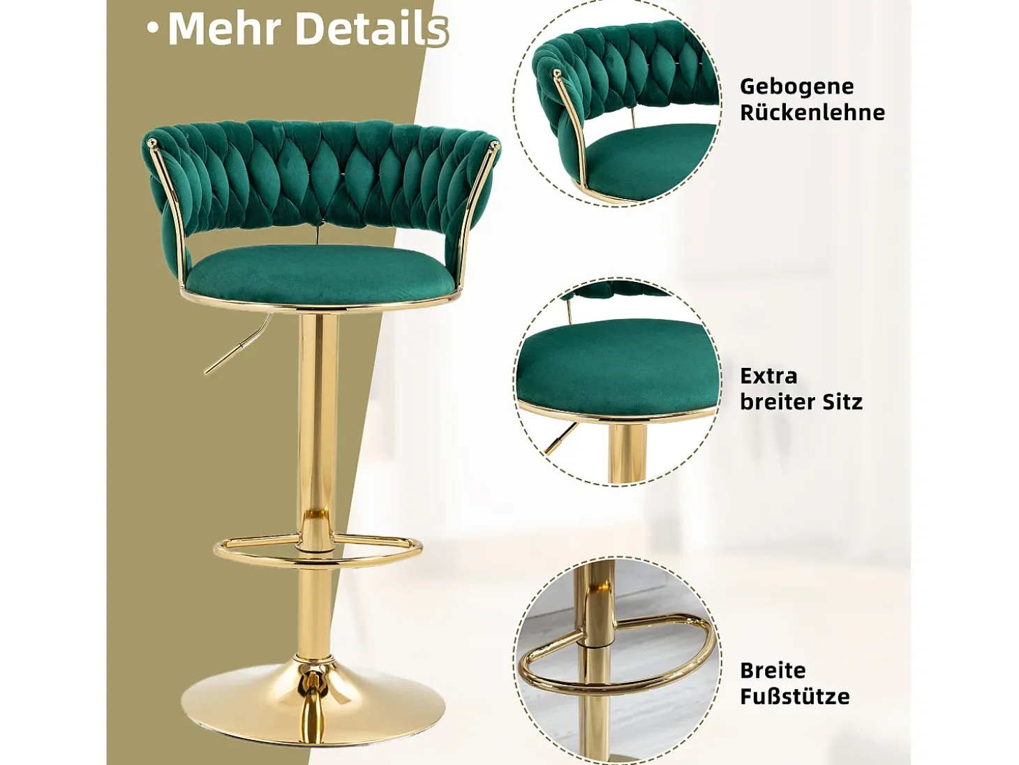 Taburete de bar giratorio de 360°, diseño moderno, terciopelo, estructura dorada, juego de 2, altura ajustable (54 x 48 x 78-97 cm)
