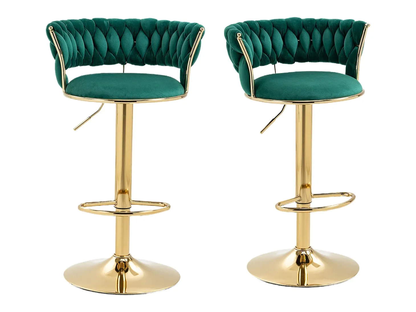 Taburete de bar giratorio de 360°, diseño moderno, terciopelo, estructura dorada, juego de 2, altura ajustable (54 x 48 x 78-97 cm)