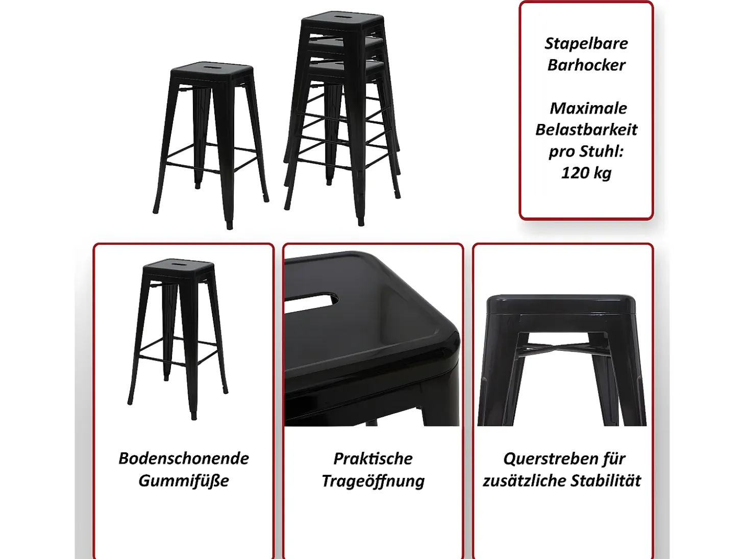 Taburete de bar MCW-A73 Metal apilable, rojo