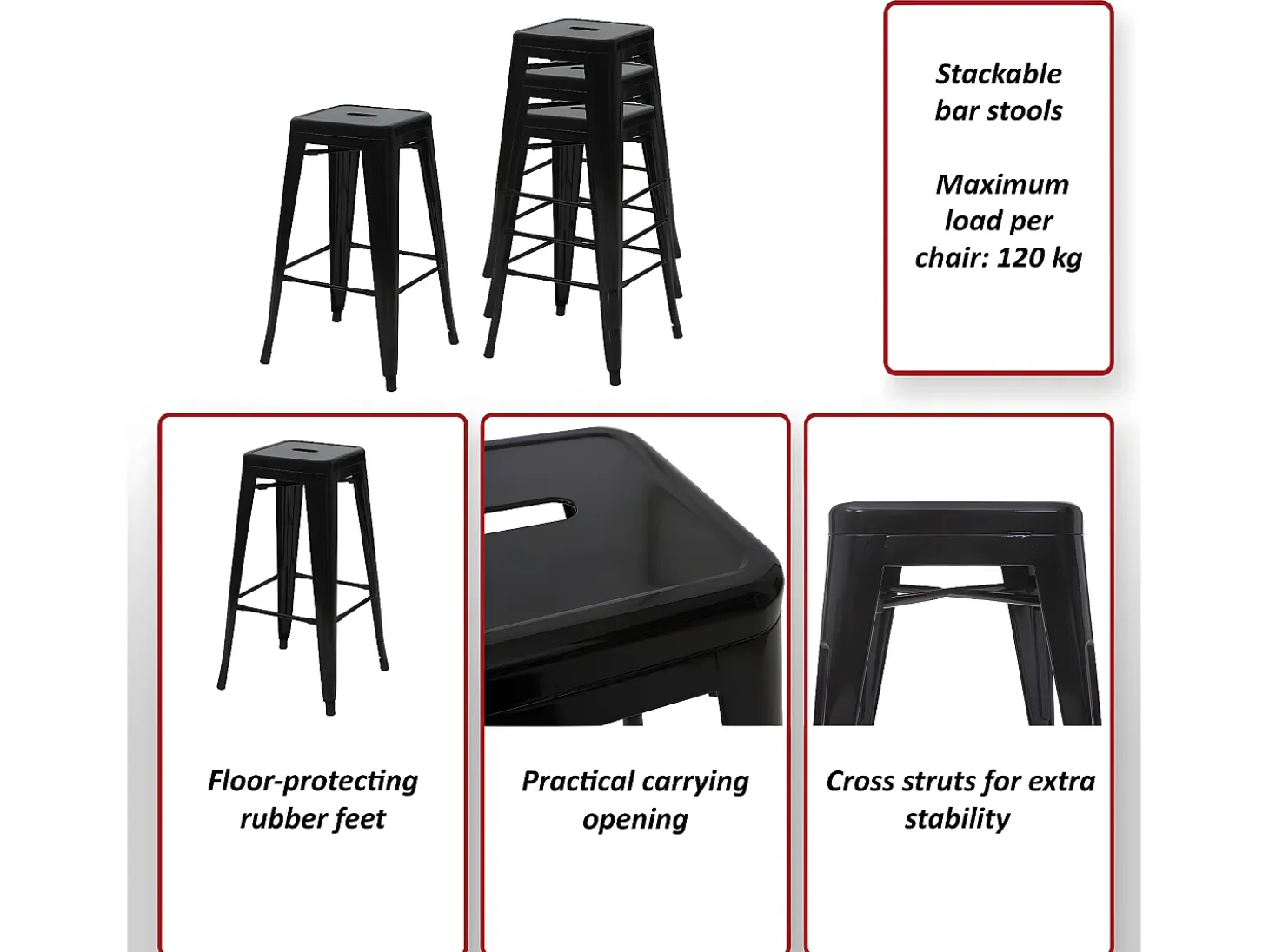 Taburete de bar MCW-A73 Metal apilable, rojo