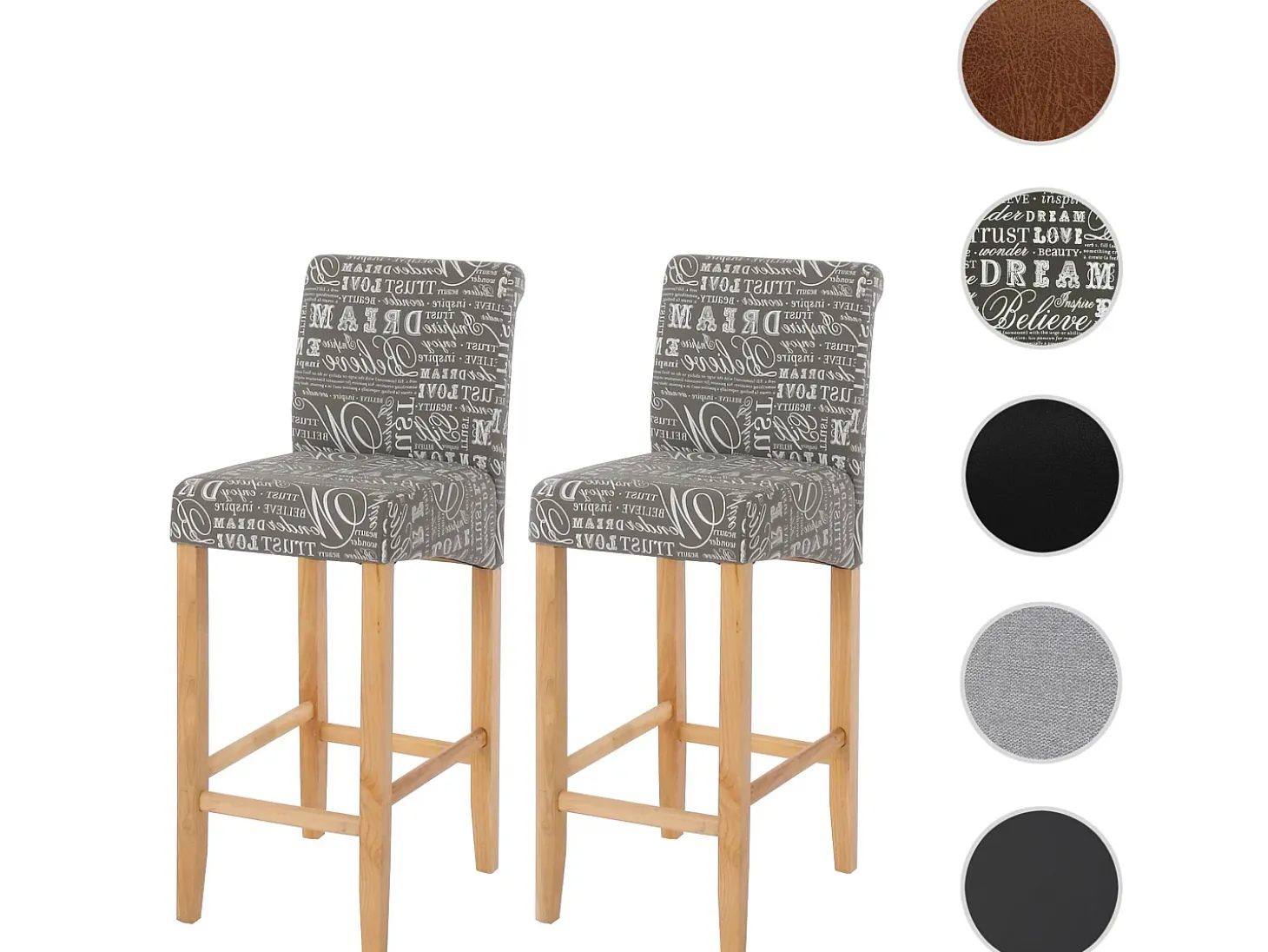 Taburete de bar MCW-C33 (juego de 2), letras, gris, patas claras, tela/textil