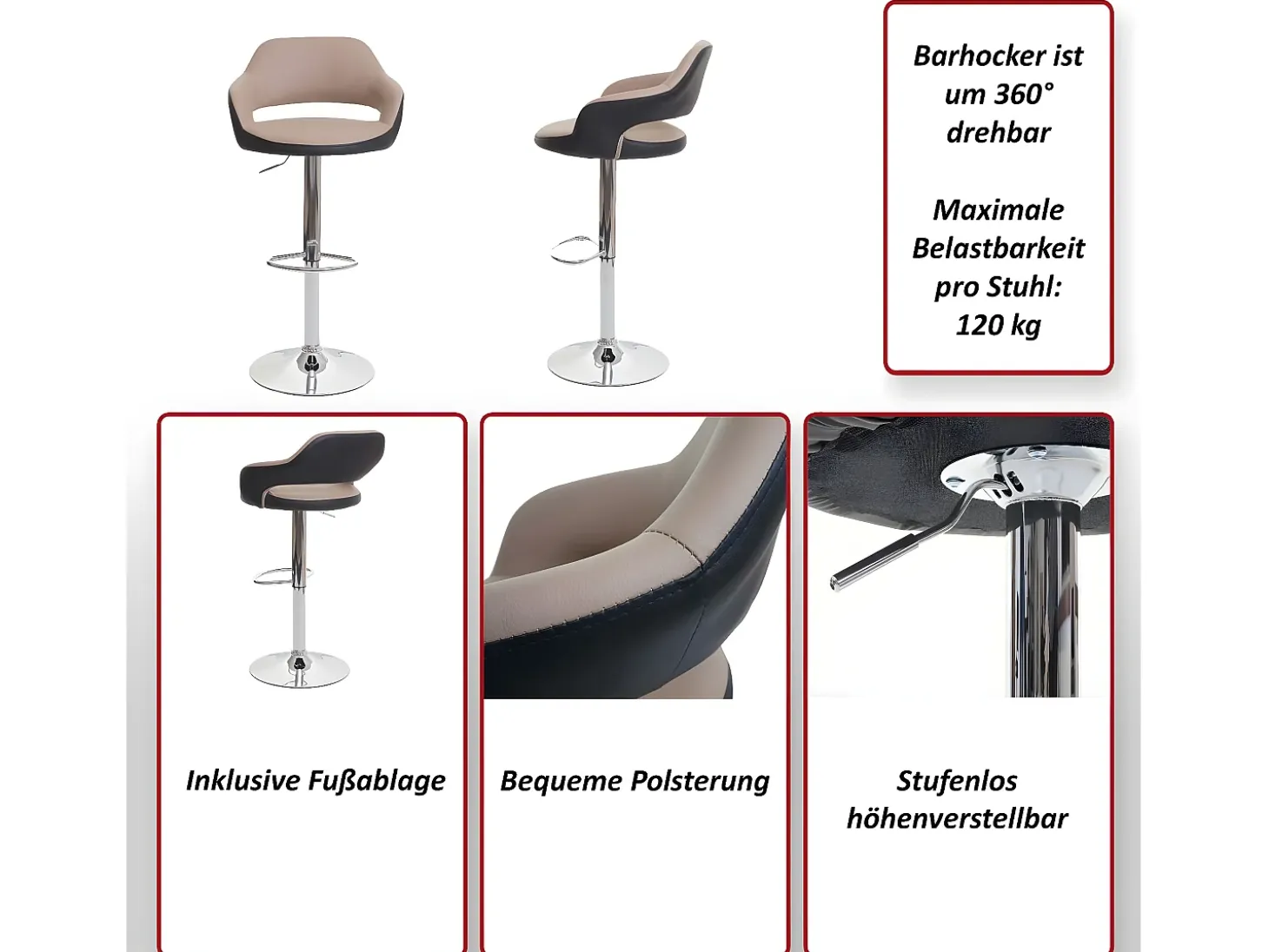 Taburete de bar MCW-F16 (juego de 2), taupe-negro