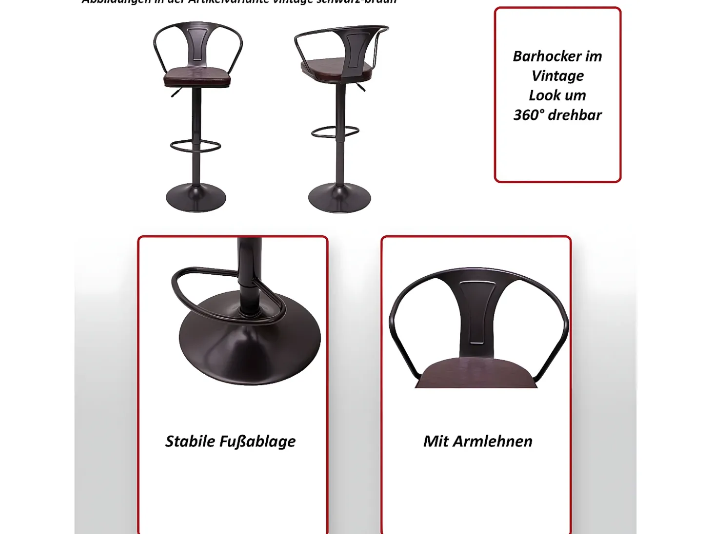 Taburete de bar MCW-H10b (juego de 2), vintage negro-gris