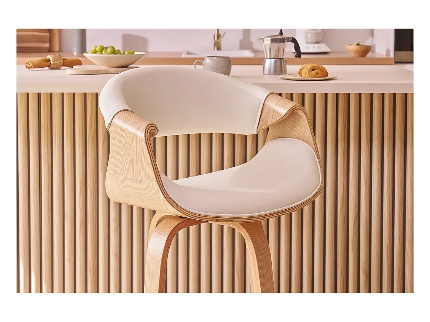 Taburete de bar moderno blanco y madera clara 68 cm ARAMIS