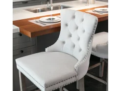Taburete de bar tapizado en terciopelo, diseño contemporáneo, con patas de madera y ribete de tachuelas, color beige (60 x 50 x 66 cm)