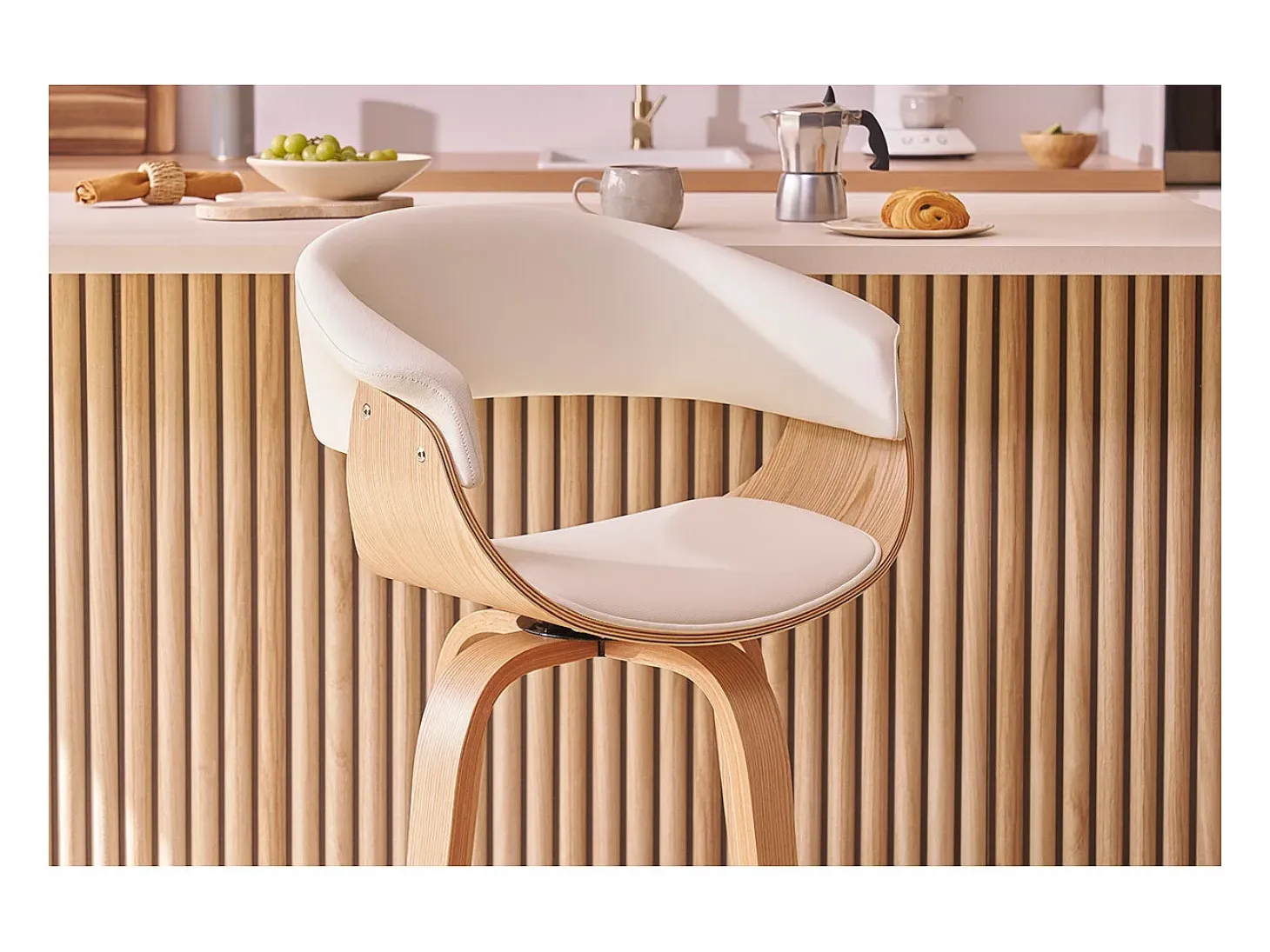 Taburete de cocina de diseño giratorio blanco y madera clara 67 cm OKTAV
