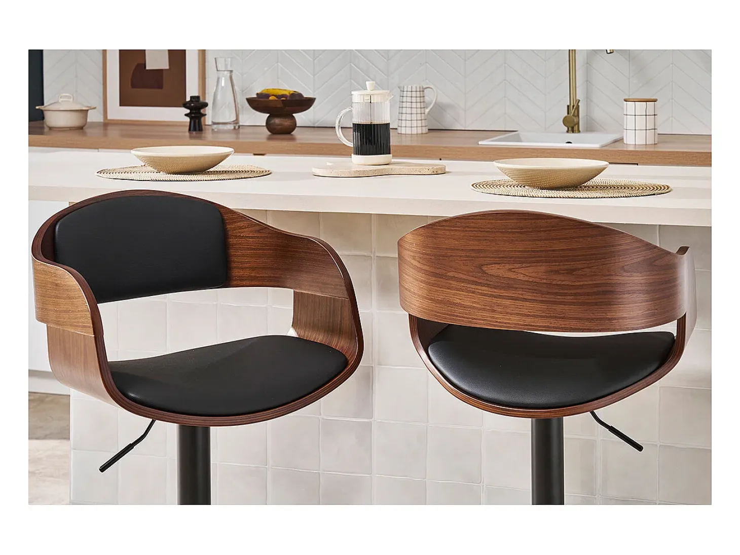 Taburete de cocina de diseño regulable negro con madera oscura EUSTACHE