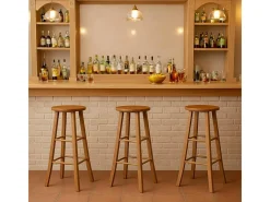 Taburete de madera con asiento redondo h 80 cm pata de sable nogal claro