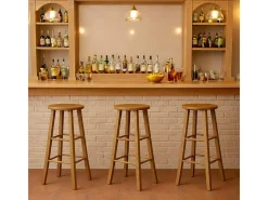 Taburete de madera con asiento redondo h 80 cm patas rectas nogal claro
