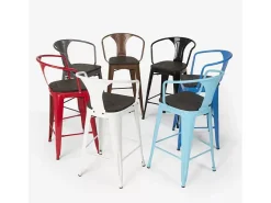 taburete de metal y madera con respaldo de diseño industrial estilo steel wood back - Blanco