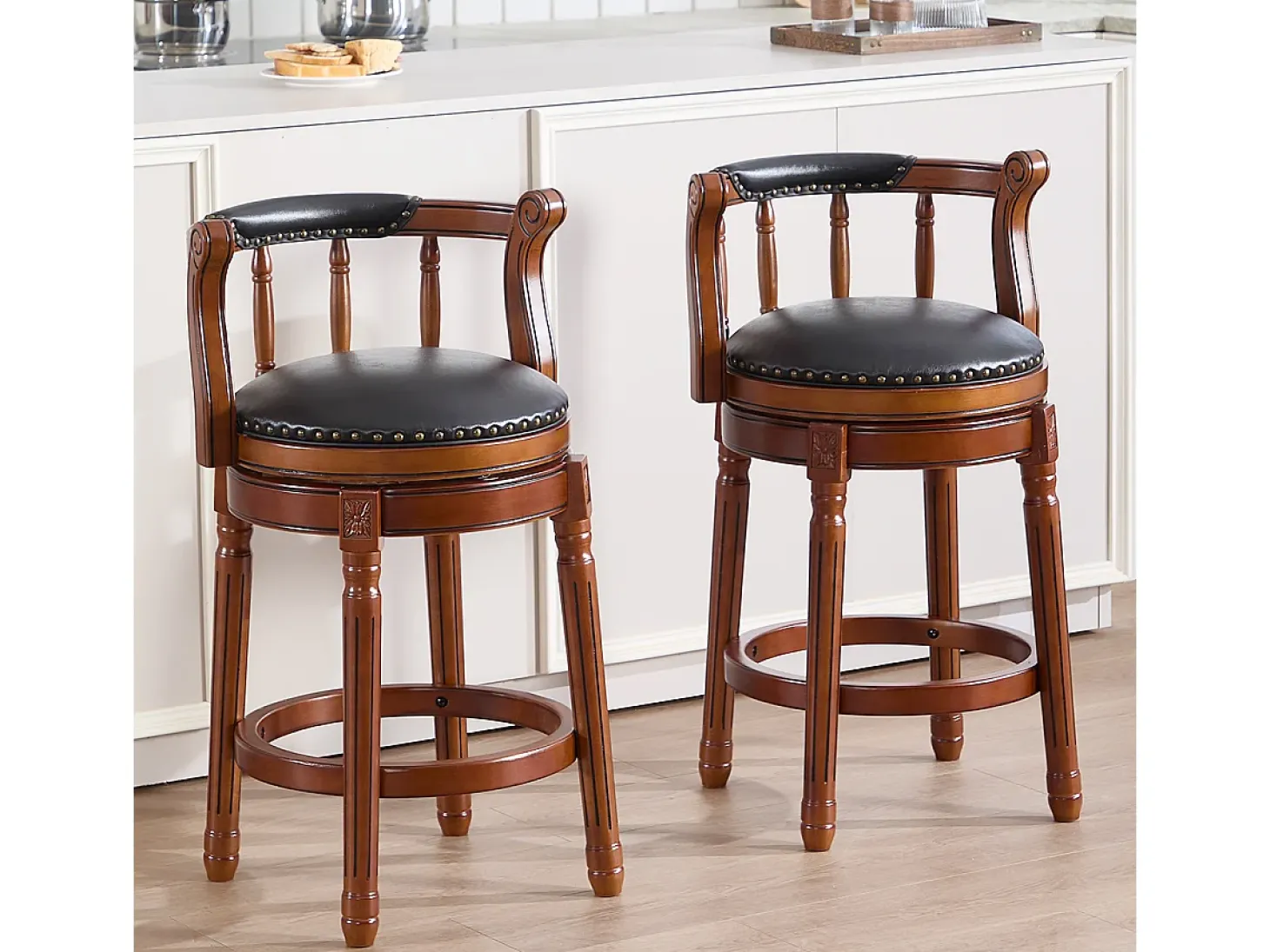 Taburete giratorio de bar - Asiento de cuero negro - Color nogal 54,8 x 54,8 x 66 cm