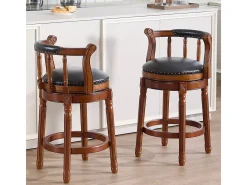 Taburete giratorio de bar - Asiento de cuero negro - Color nogal 54,8 x 54,8 x 66 cm