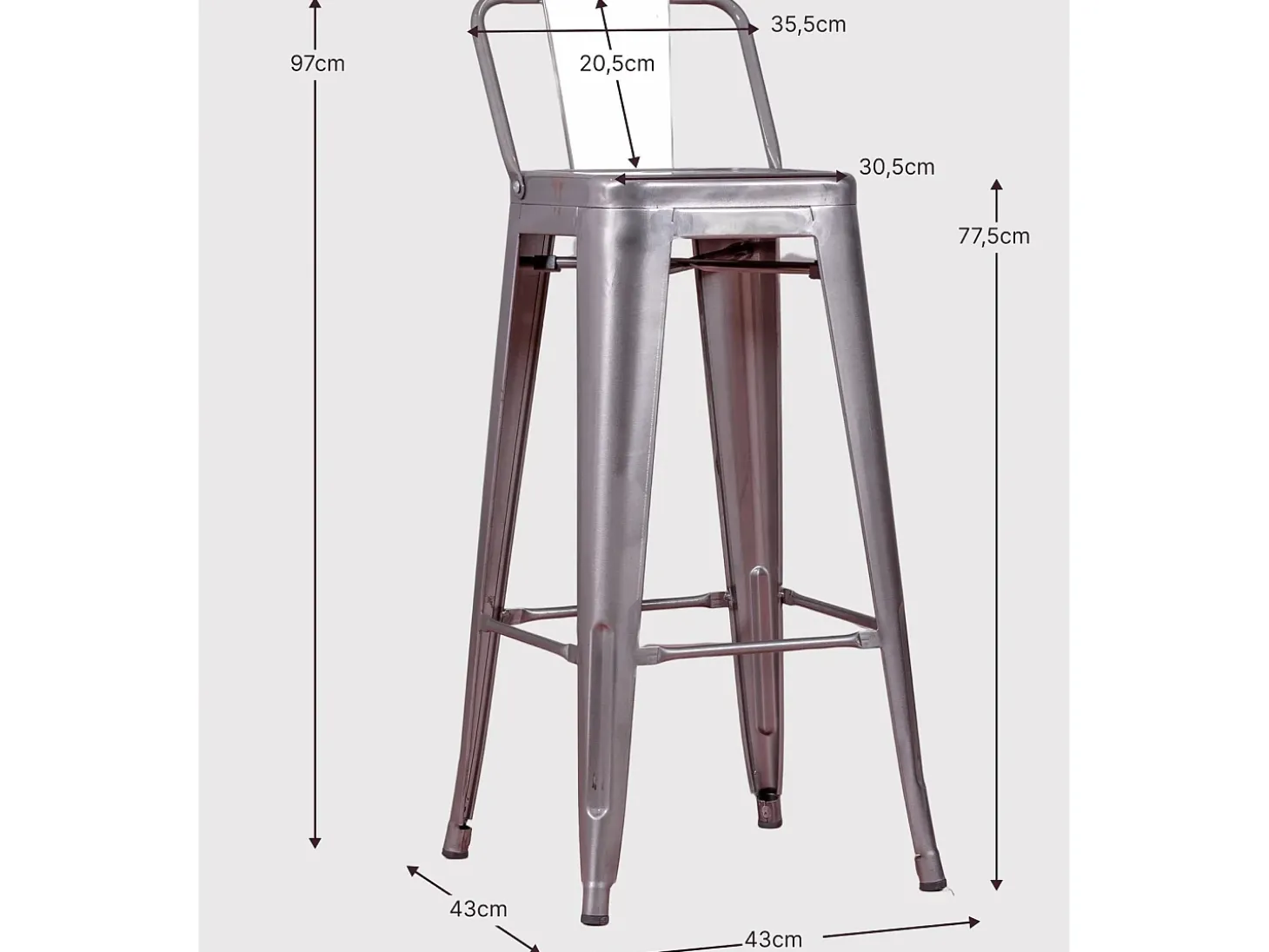 Taburete metálico industrial con respaldo bajo (76cm) - Bistro - Blanco