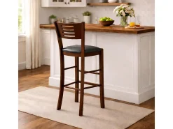 Taburete Verona en madera de nogal oscuro, altura 73 cm, con asiento acolchado color antracita.