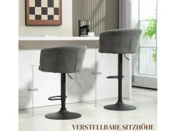 Taburetes de bar ajustables y giratorios, estructura de metal, tapizado de lino, gris oscuro, juego de 2 (59x53x89-110cm)