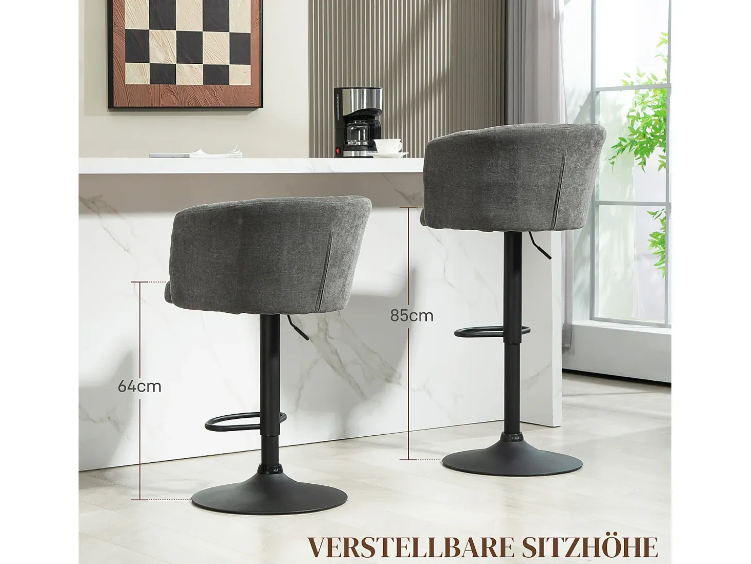 Taburetes de bar ajustables y giratorios, estructura de metal, tapizado de lino, gris oscuro, juego de 2 (59x53x89-110cm)