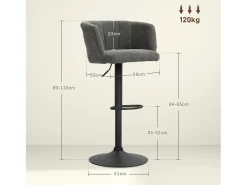Taburetes de bar ajustables y giratorios, estructura de metal, tapizado de lino, gris oscuro, juego de 2 (59x53x89-110cm)
