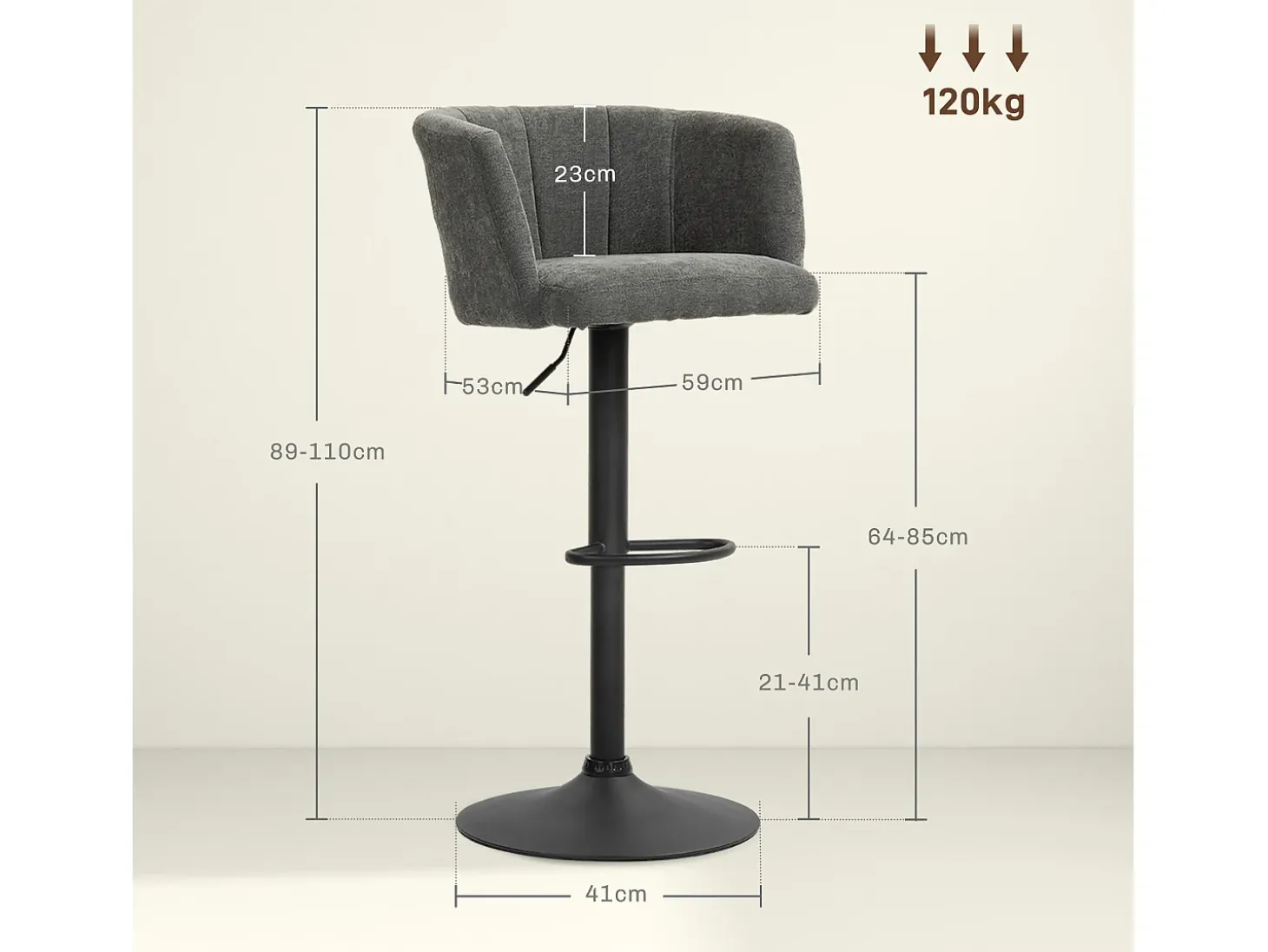 Taburetes de bar ajustables y giratorios, estructura de metal, tapizado de lino, gris oscuro, juego de 2 (59x53x89-110cm)