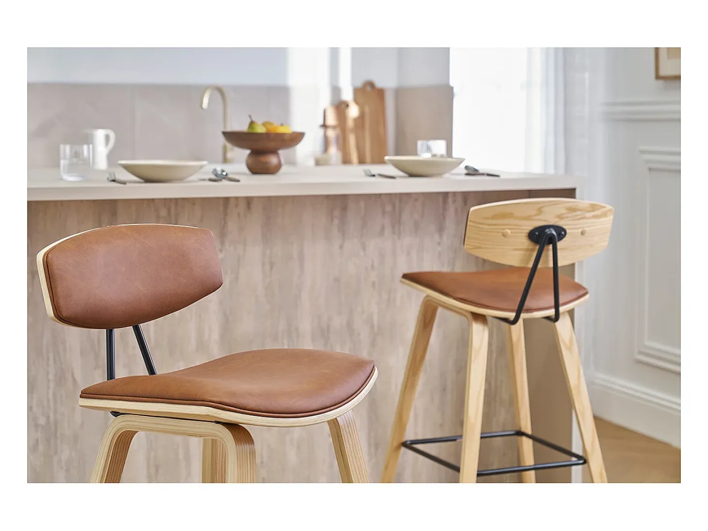 Taburetes de bar design marrón y madera clara de 69 cm de altura (juego de 2) VASCO