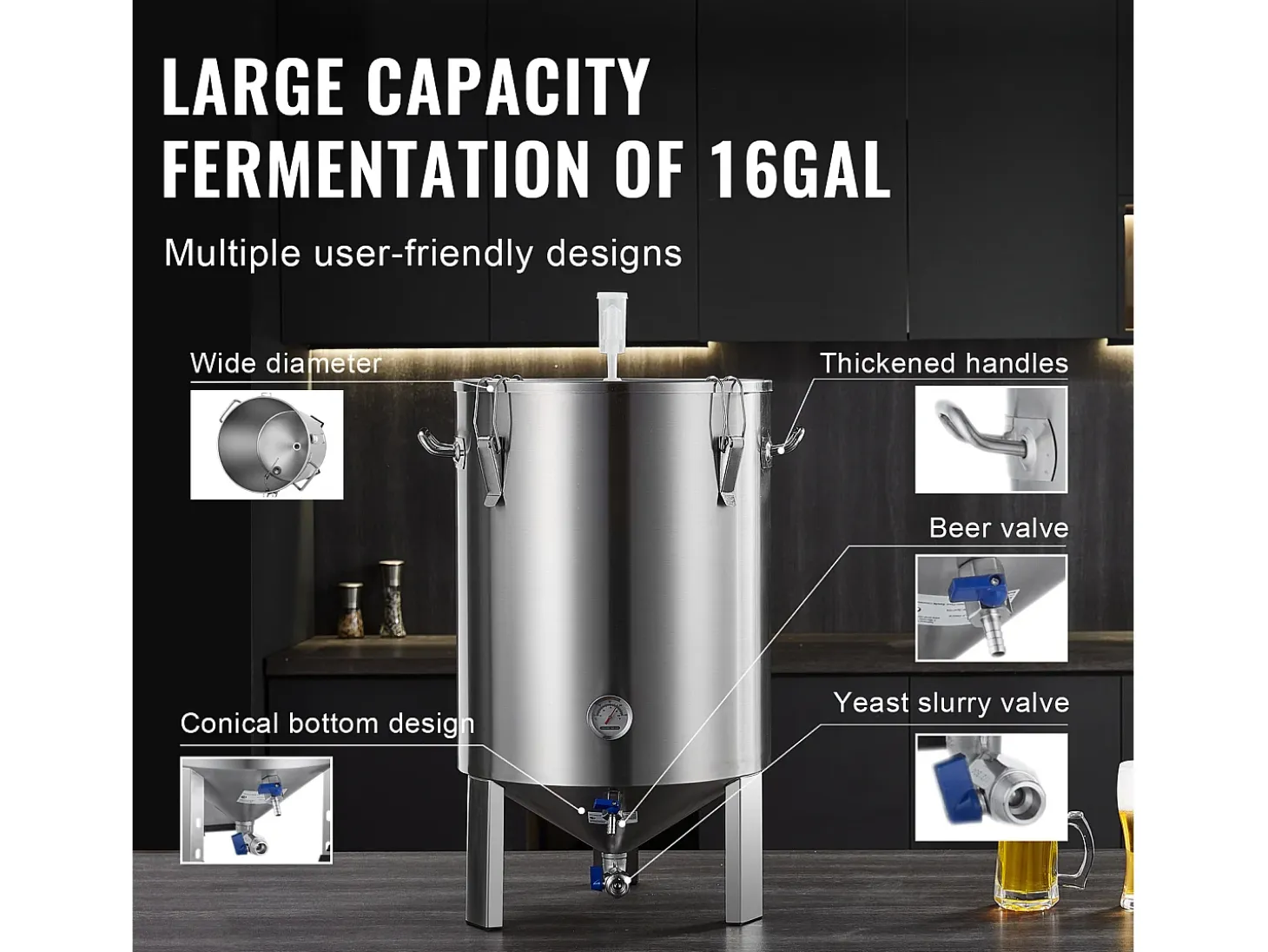 Tanque de Elaboración de Cerveza, SucceBuy Kit de Tanque de Elaboración de Cerveza Casero de Acero Inoxidable de 60 L con Fermentador de Cerveza