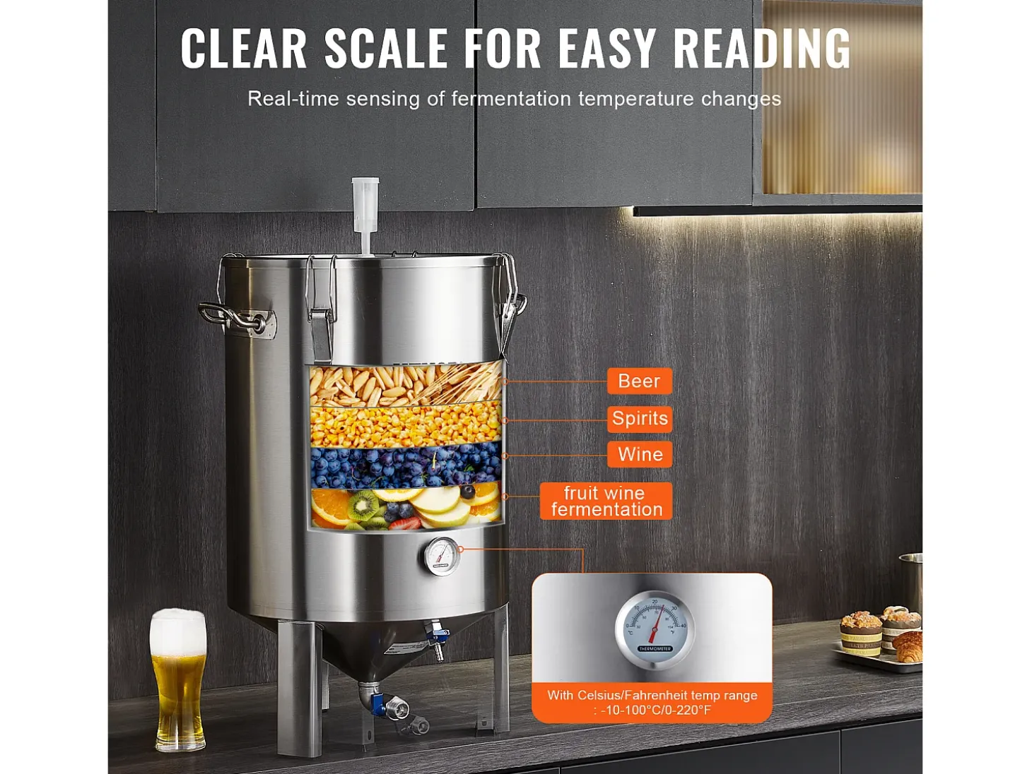 Tanque de Elaboración de Cerveza, SucceBuy Kit de Tanque de Elaboración de Cerveza Casero de Acero Inoxidable de 60 L con Fermentador de Cerveza
