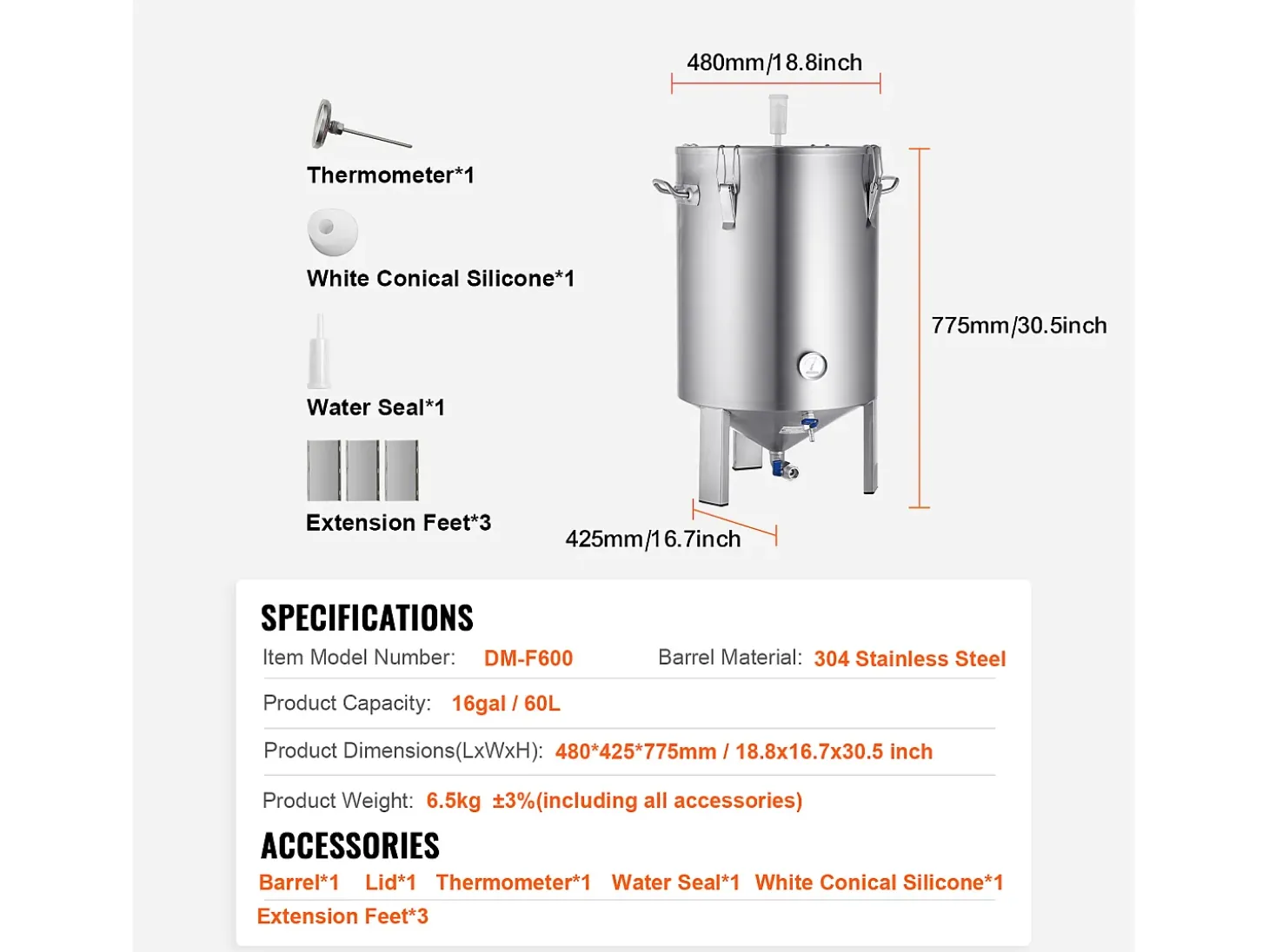 Tanque de Elaboración de Cerveza, SucceBuy Kit de Tanque de Elaboración de Cerveza Casero de Acero Inoxidable de 60 L con Fermentador de Cerveza