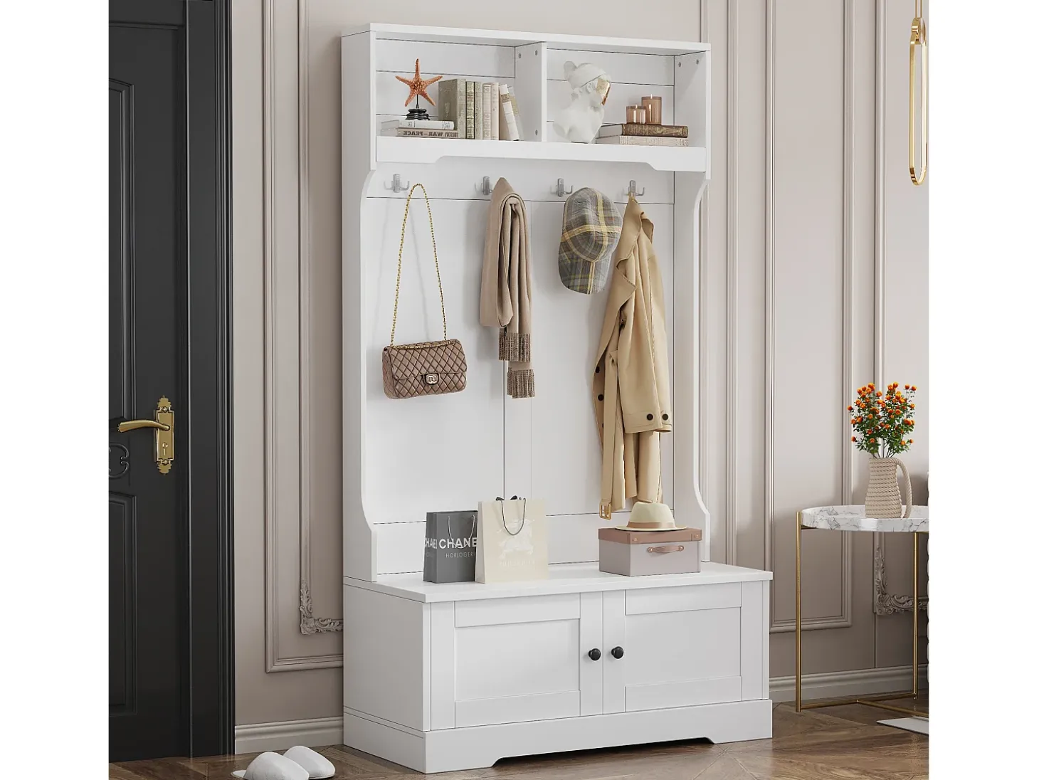 Taquilla blanca con 2 puertas y 4 ganchos, de aglomerado, estilo minimalista.