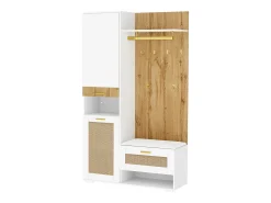 Taquilla con iluminación LED, espejo, 3 puertas, 6 ganchos dorados y banco - Blanca y madera
