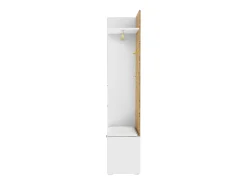 Taquilla con iluminación LED, espejo, 3 puertas, 6 ganchos dorados y banco - Blanca y madera