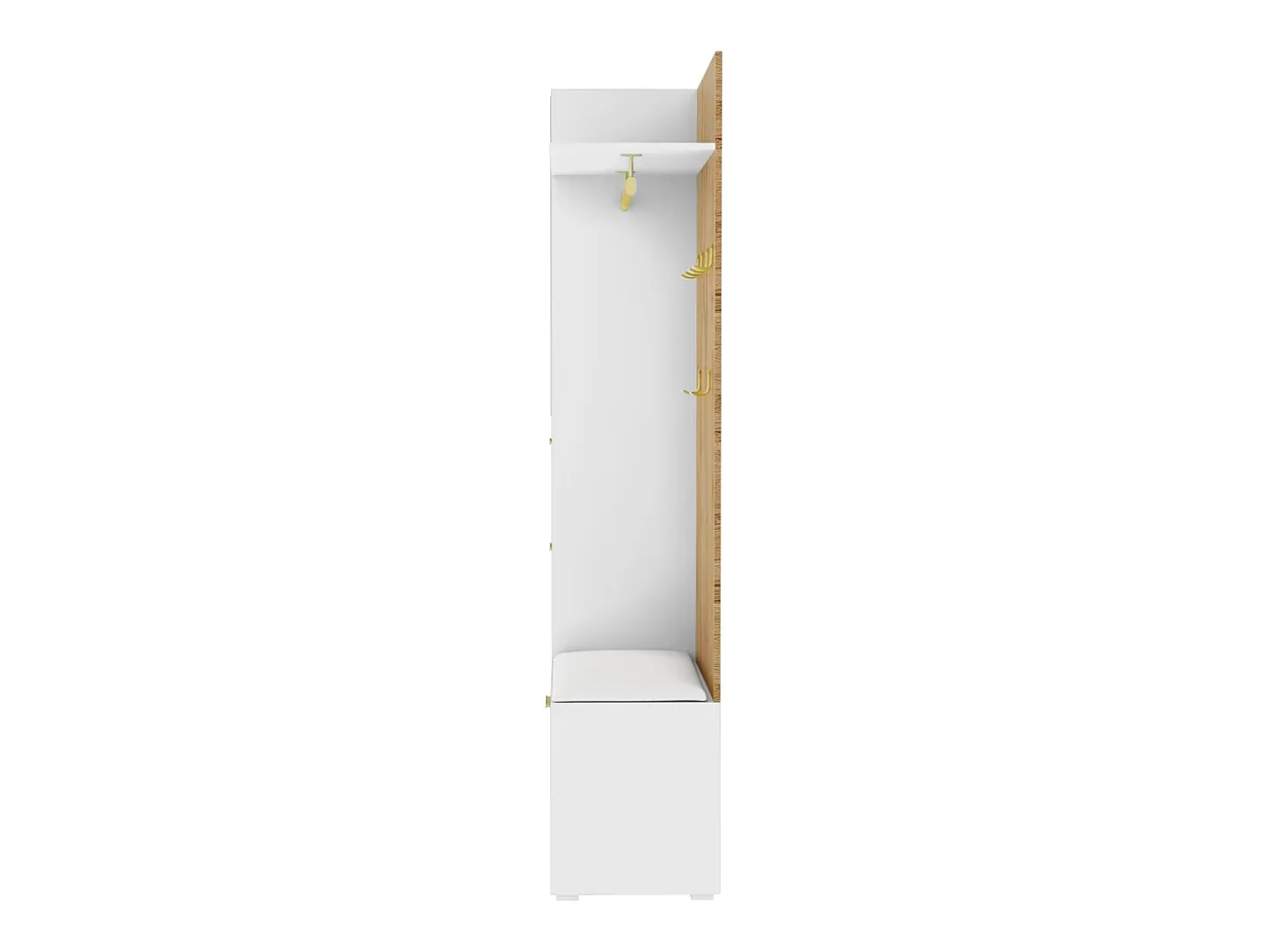 Taquilla con iluminación LED, espejo, 3 puertas, 6 ganchos dorados y banco - Blanca y madera