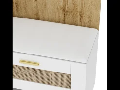 Taquilla con iluminación LED, espejo, 3 puertas, 6 ganchos dorados y banco - Blanca y madera