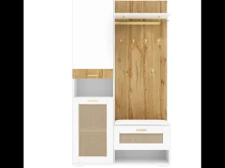 Taquilla con iluminación LED, espejo, 3 puertas, 6 ganchos dorados y banco - Blanca y madera