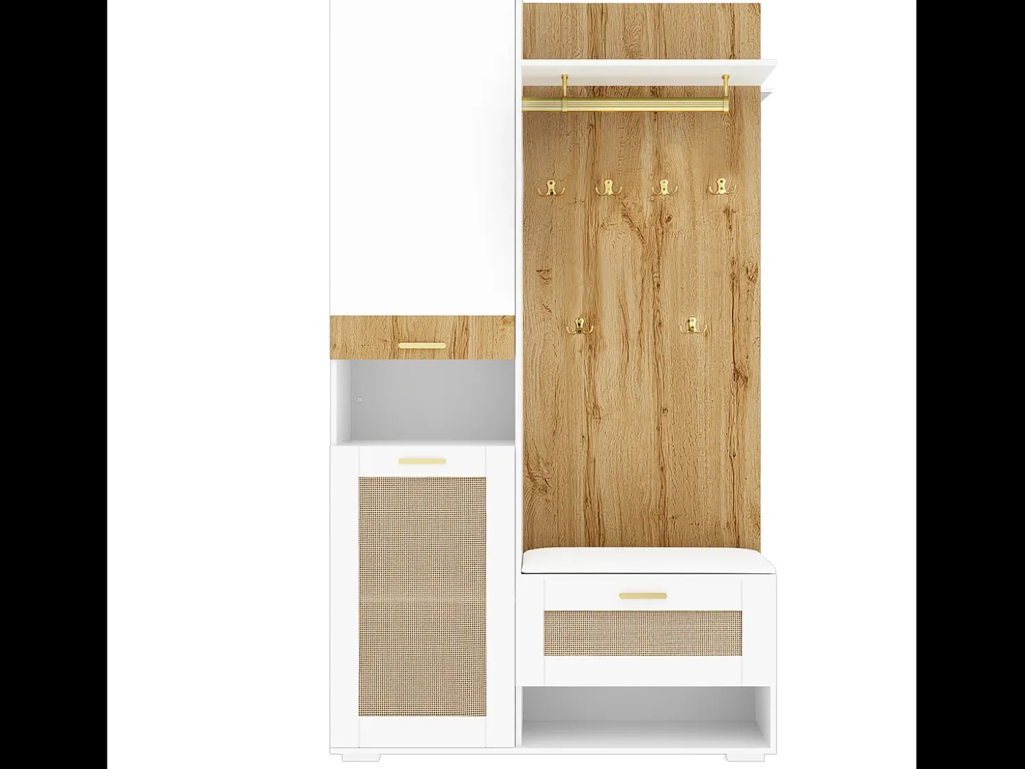 Taquilla con iluminación LED, espejo, 3 puertas, 6 ganchos dorados y banco - Blanca y madera