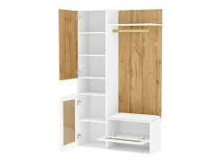 Taquilla con iluminación LED, espejo, 3 puertas, 6 ganchos dorados y banco - Blanca y madera