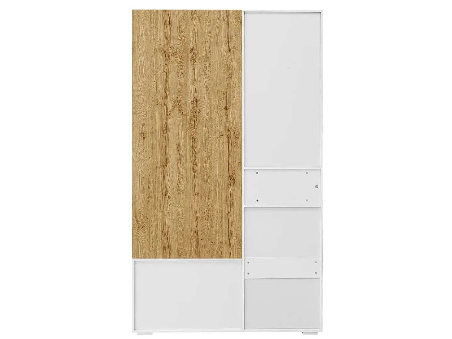 Taquilla con iluminación LED, espejo, 3 puertas, 6 ganchos dorados y banco - Blanca y madera
