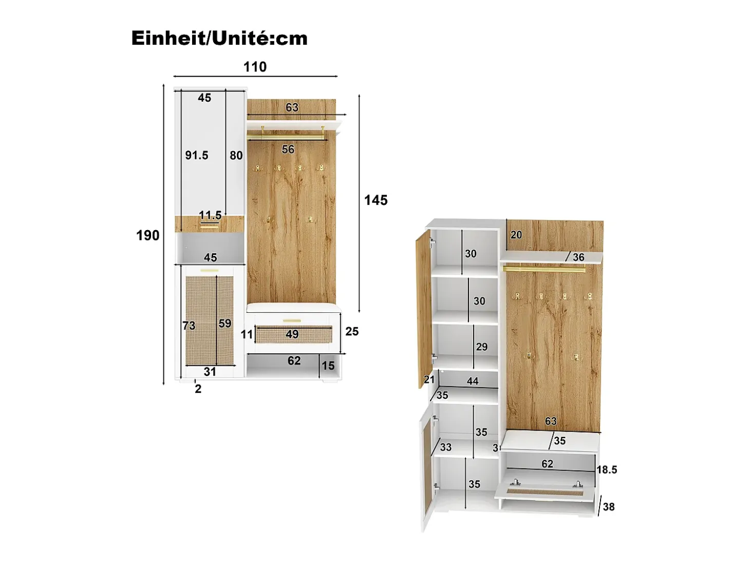 Taquilla con iluminación LED, espejo, 3 puertas, 6 ganchos dorados y banco - Blanca y madera