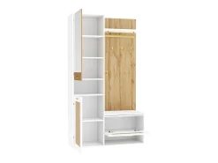 Taquilla con iluminación LED, espejo, 3 puertas, 6 ganchos dorados y banco - Blanca y madera