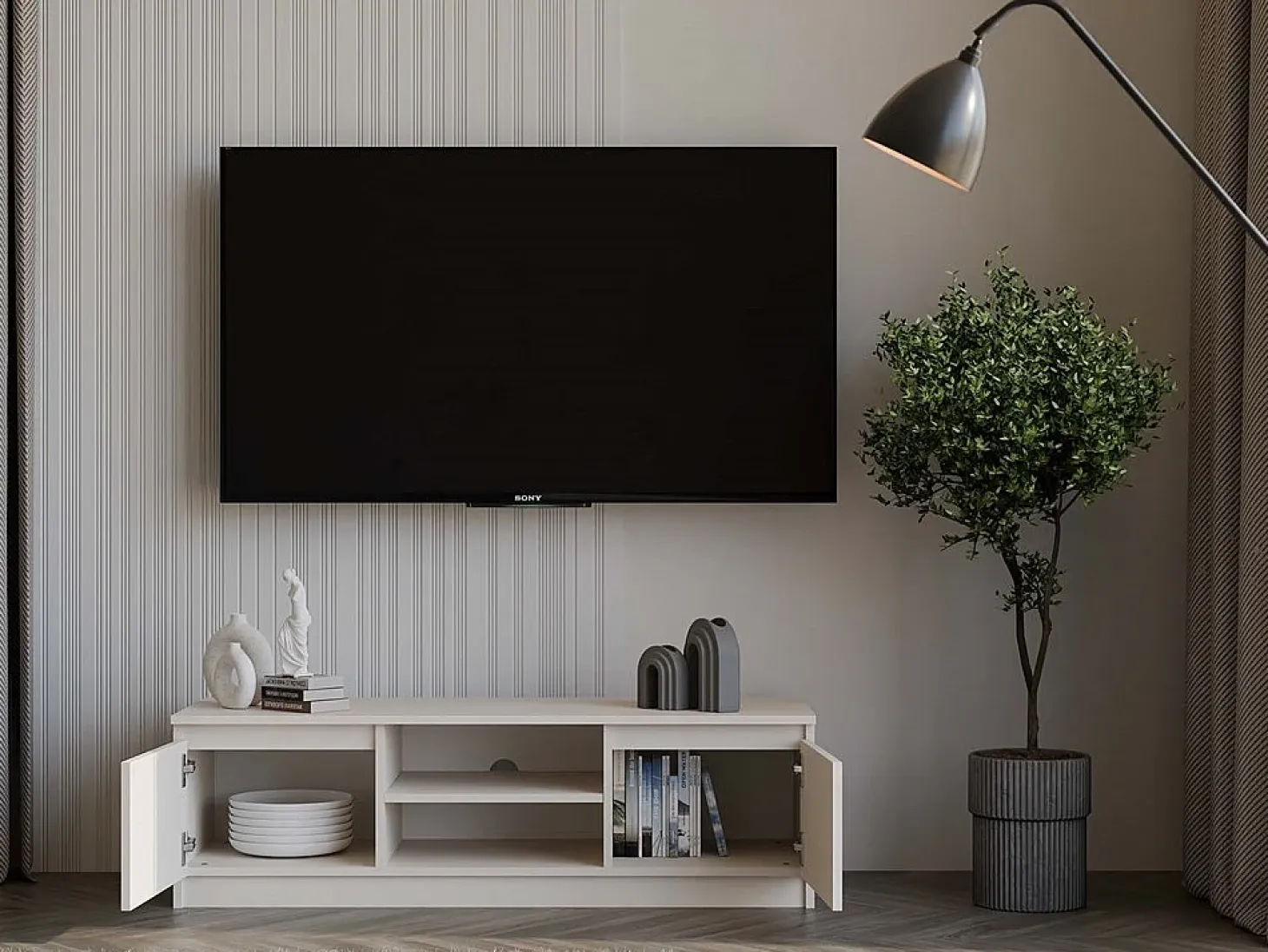 TIVOLI - Mueble de TV de estilo moderno - 120x40x36cm - 2 nichos + 2 puertas - Almacenamiento de equipos de TV/audio
