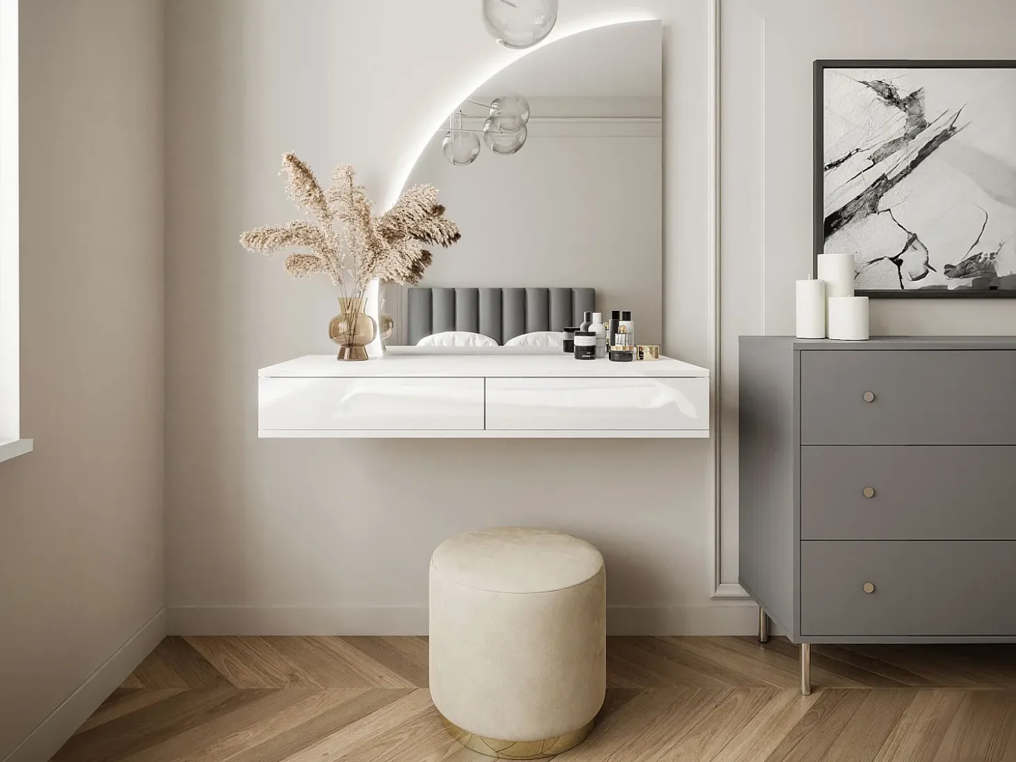 Tocador de pared con espejo LED y 2 cajones, blanco - JINEZA