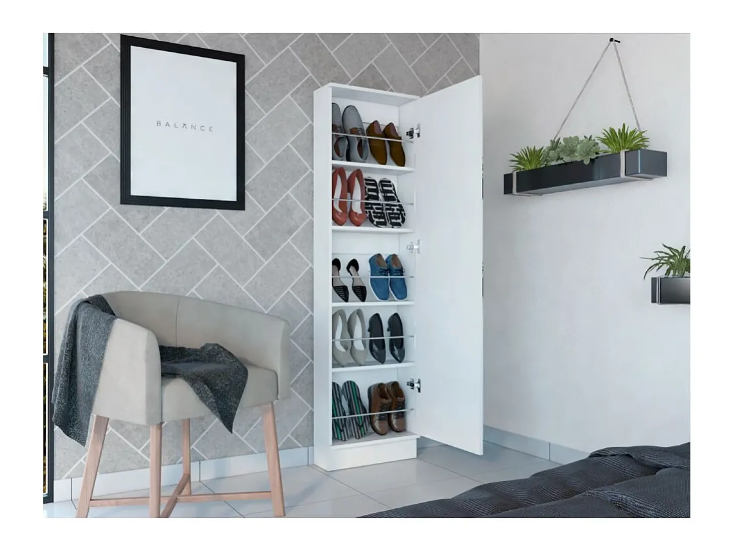 TUHOME Zapatero Ruan XL con Espejo, Cinco Estantes Interiores, Gabinete de Una Puerta, Color Blanco