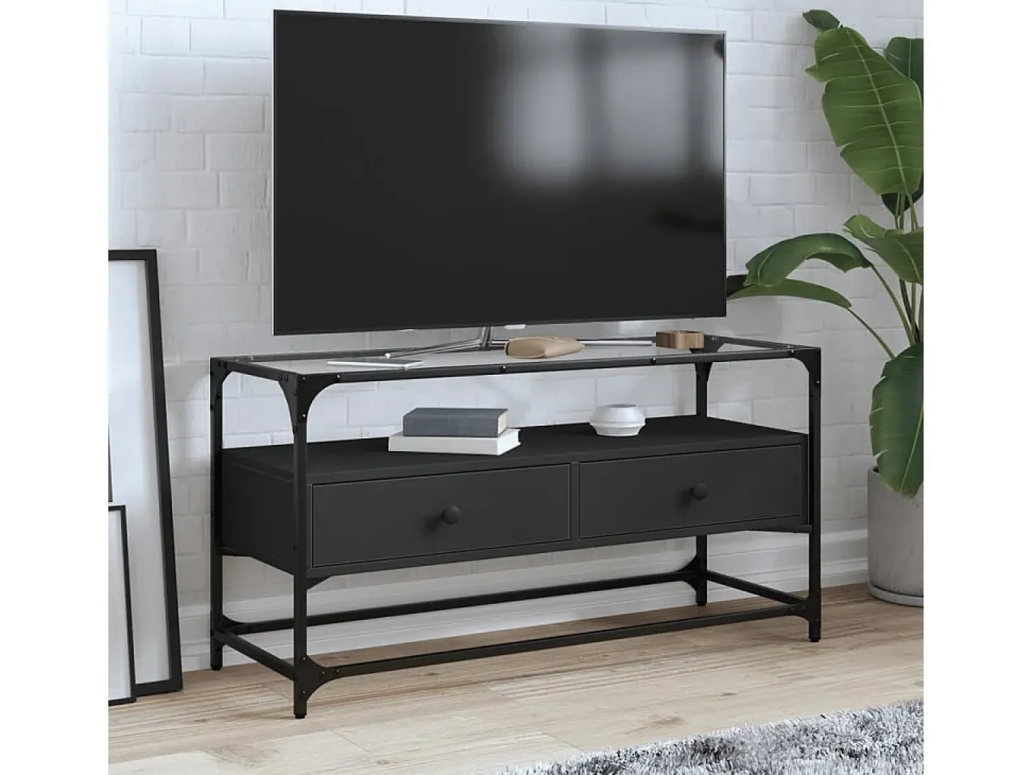 Varel Mueble TV cristal y madera ingeniería negro 98x35x51 cm