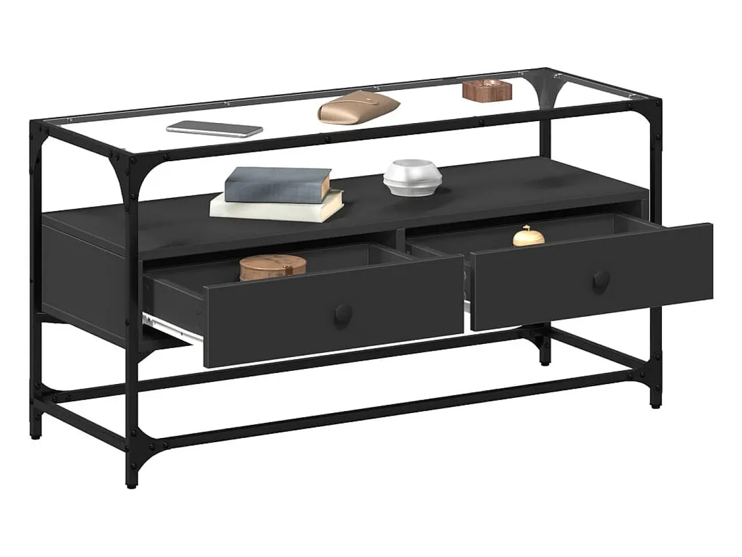 Varel Mueble TV cristal y madera ingeniería negro 98x35x51 cm